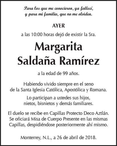 Se Ora Margarita Salda A Ram Rez Obituario Esquela