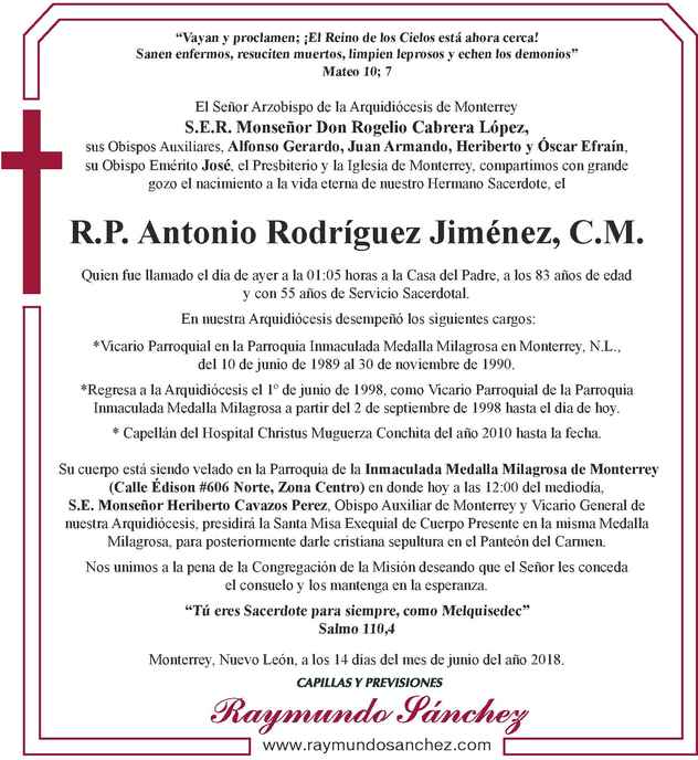 Sacerdote Antonio Rodríguez Jiménez Obituario Esquela