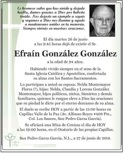 Señor Efraín González González Obituario Esquela