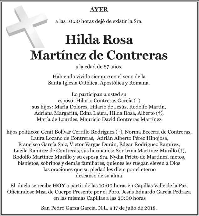 Señora Hilda Rosa Martínez de Contreras Obituario Esquela