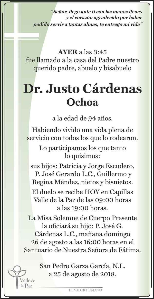 Dr Justo Cárdenas Ochoa Obituario Esquela