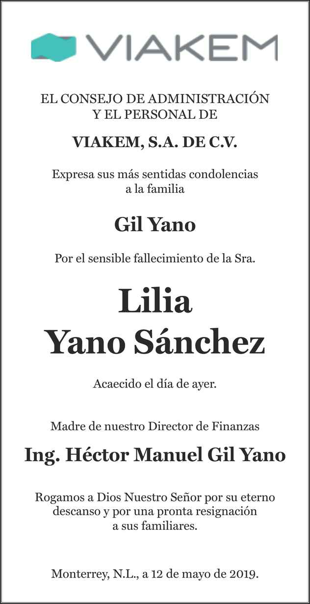 Señora Lilia Yano Sánchez Obituario Esquela