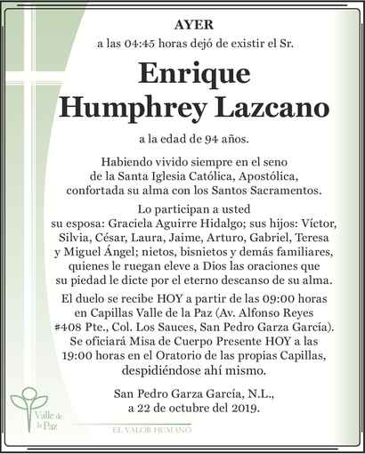 Señor Enrique Humphrey Lazcano Obituario Esquela