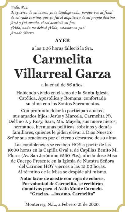 Señora Carmelita Villarreal Garza Obituario Esquela