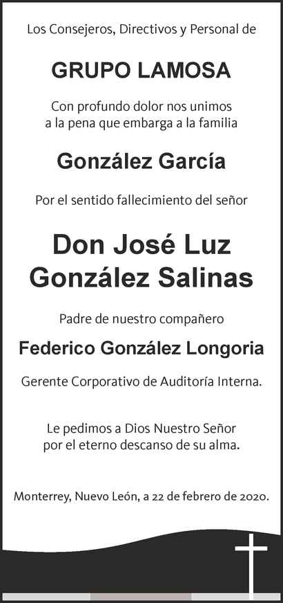 Don José Luz González Salinas Obituario Esquela