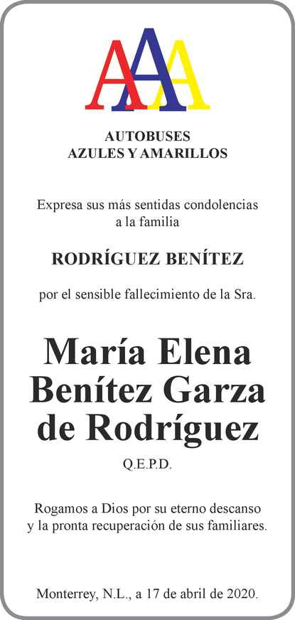 Mar A Elena Ben Tez Garza De Rodr Guez Obituario Esquela