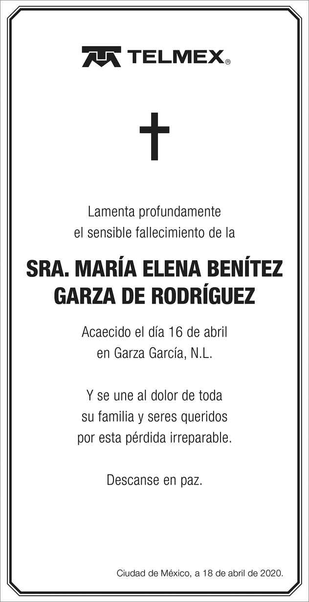 Mar A Elena Ben Tez Garza De Rodr Guez Obituario Esquela