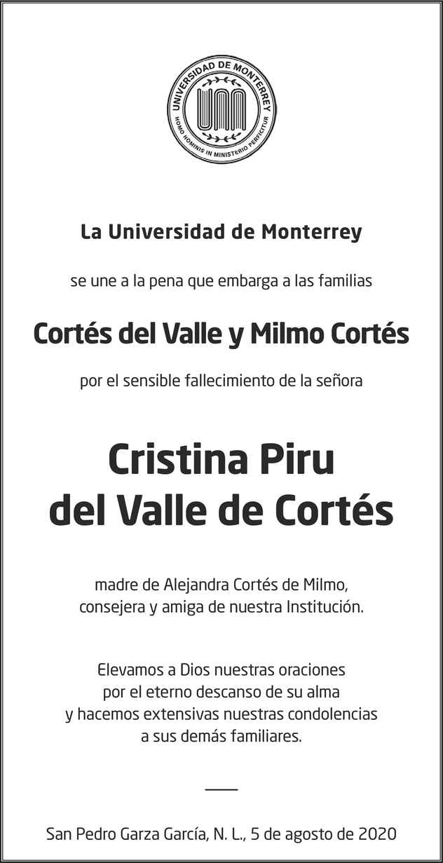 Cristina Piru del Valle de Cortés Obituario Esquela