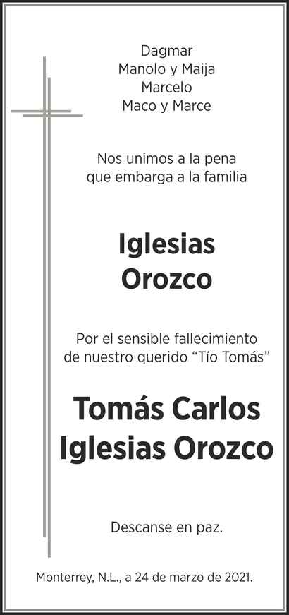 Dr Tomás Carlos Iglesias Orozco Obituario Esquela