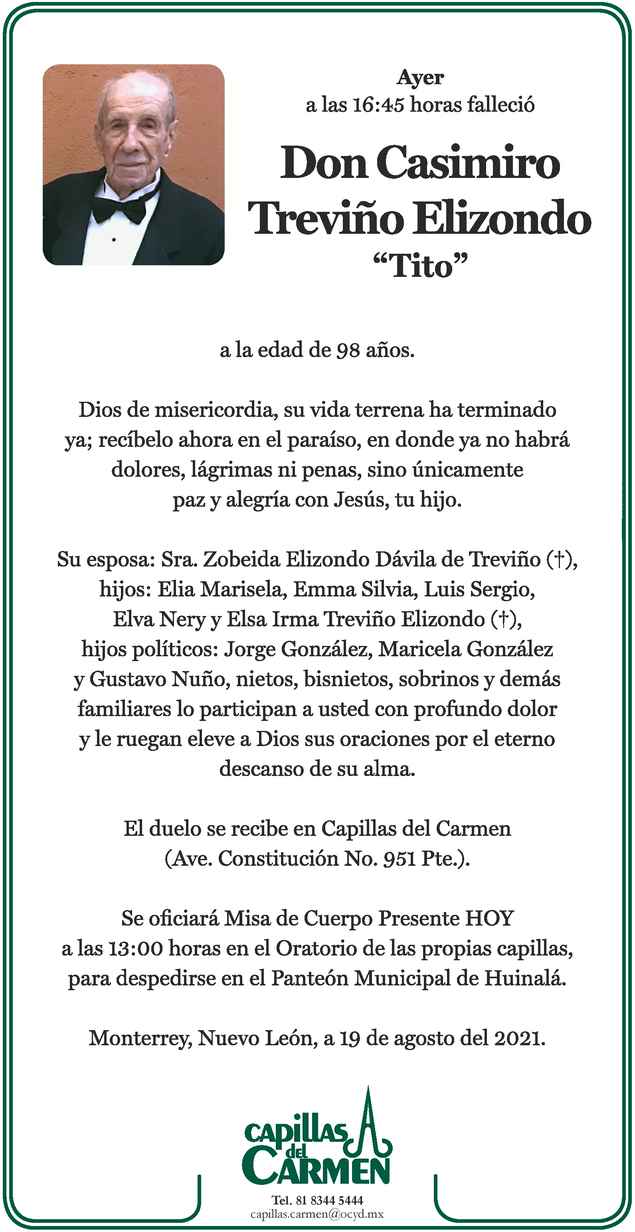 Don Casimiro Treviño Elizondo Obituario Esquela