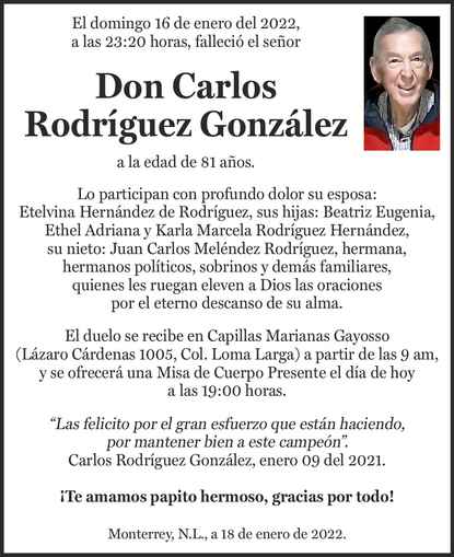 Don Carlos Rodr Guez Gonz Lez Obituario Esquela