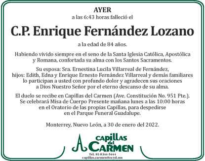 C P Enrique Fernández Lozano Obituario Esquela