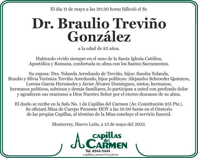 Dr Braulio Trevi O Gonz Lez Obituario Esquela