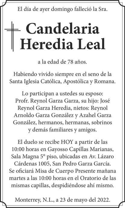 Se Ora Candelaria Heredia Leal Obituario Esquela