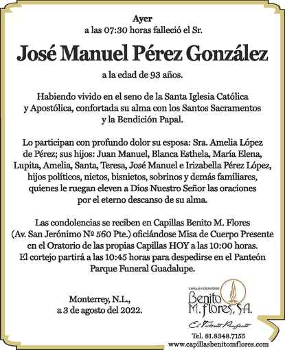 Sr Jos Manuel P Rez Gonz Lez Obituario Esquela