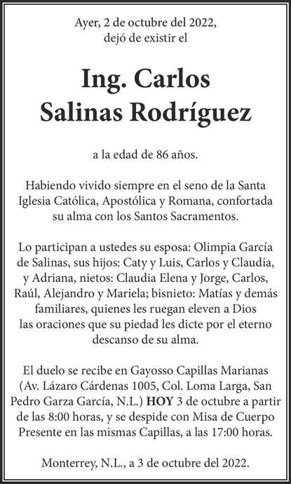 Ing Carlos Salinas Rodr Guez Obituario Esquela