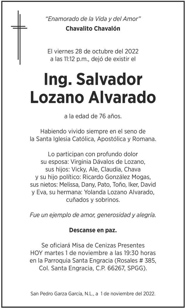 Ing Salvador Lozano Alvarado Obituario Esquela