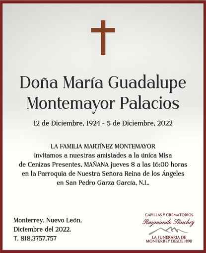 Do A Mar A Guadalupe Montemayor Palacios Obituario Esquela