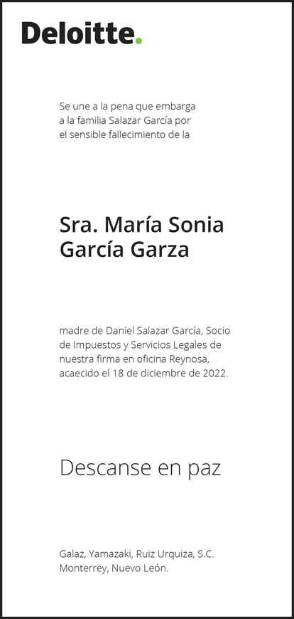 Sra María Sonia García Garza Obituario Esquela