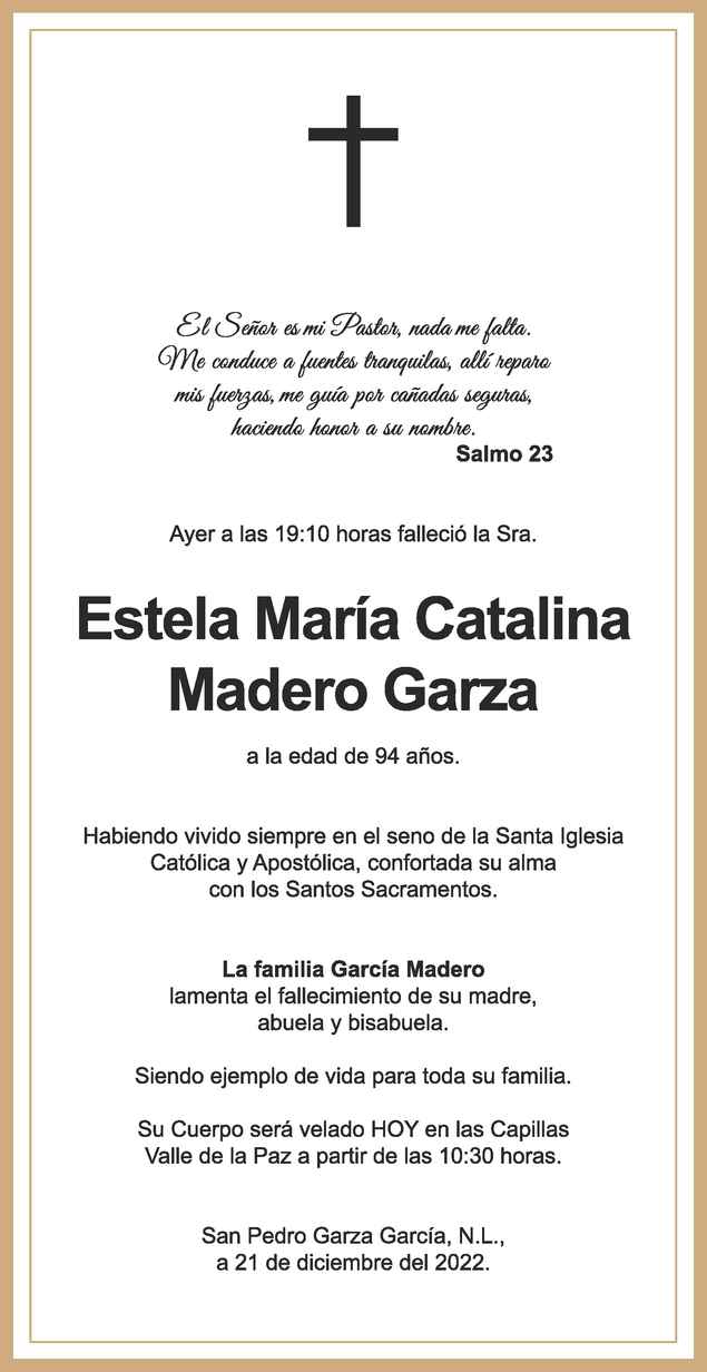 Sra Estela Mar A Catalina Madero Garza Obituario Esquela