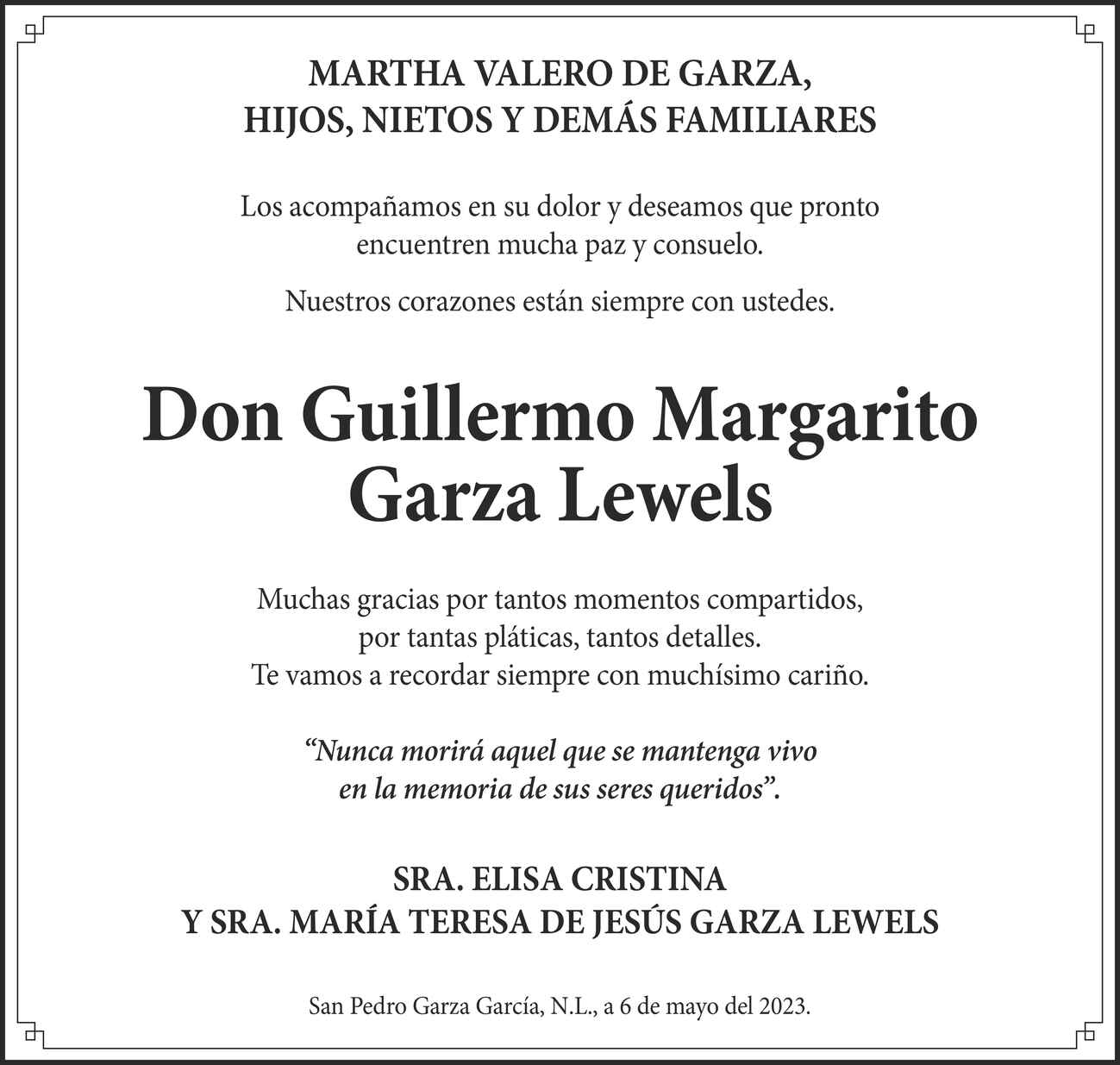 Don Guillermo Margarito Garza Lewels Obituario Esquela