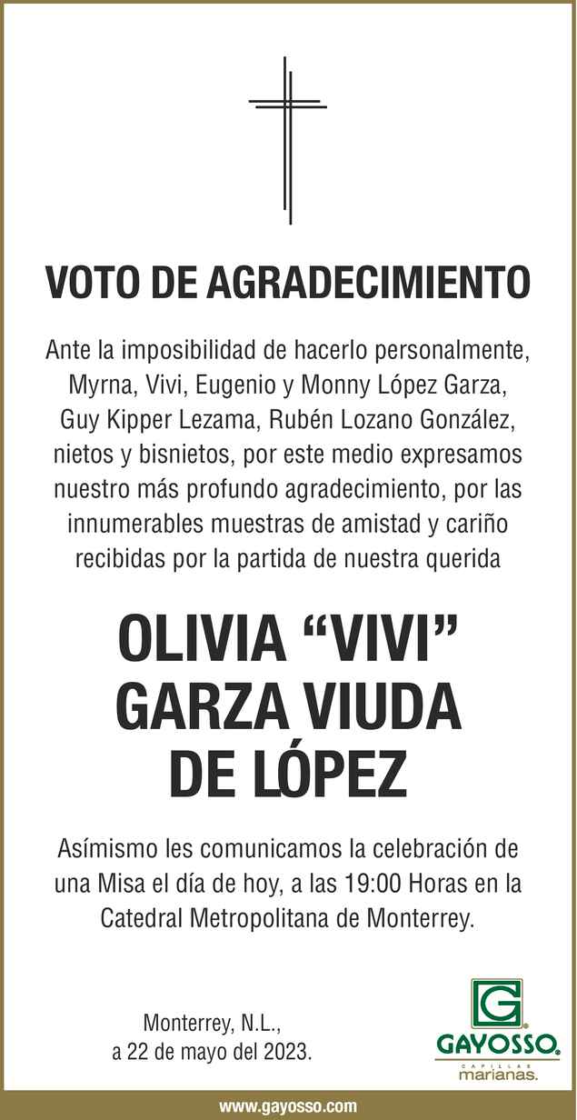 Sra Olivia Garza Viuda de López Obituario Esquela