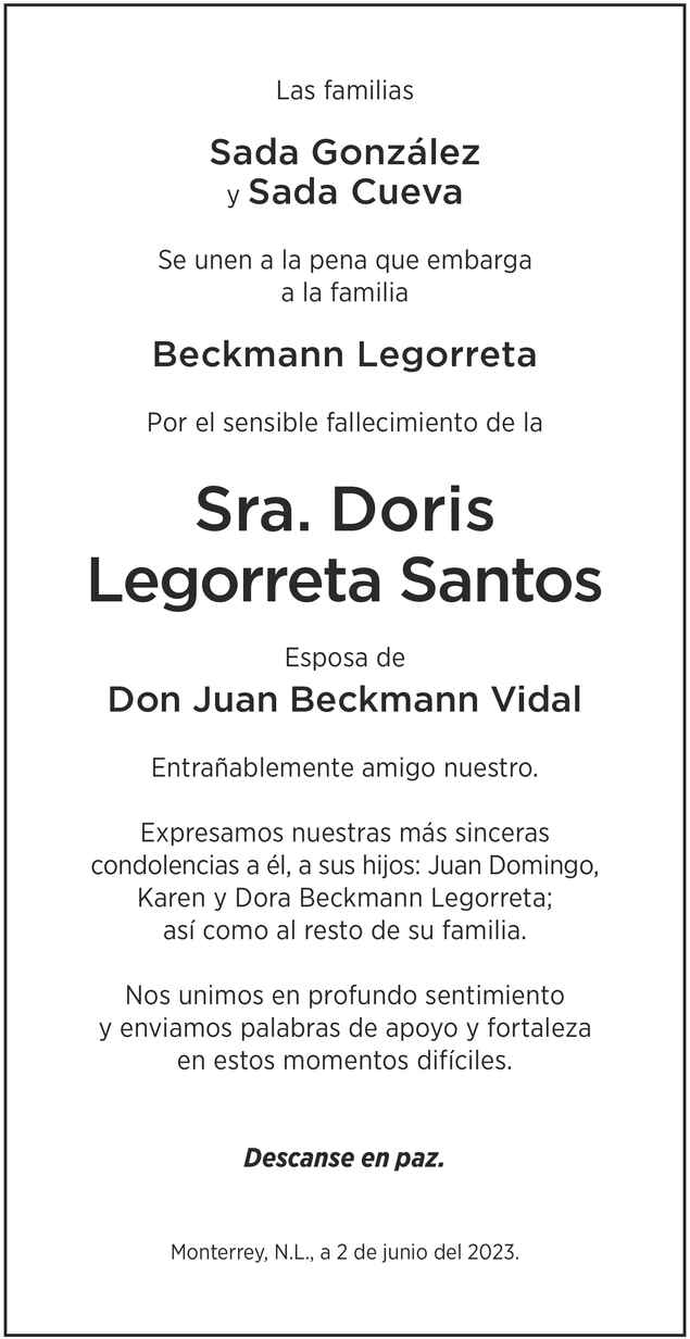 Doña Doris Legorreta de Beckmann Obituario Esquela