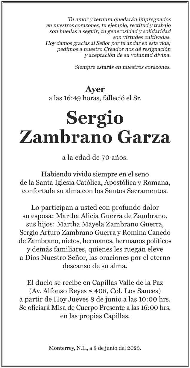 Sr Sergio Zambrano Garza Obituario Esquela