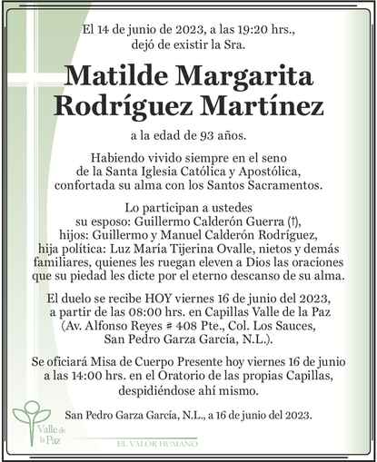 Señora Matilde Margarita Rodríguez Martínez Obituario Esquela