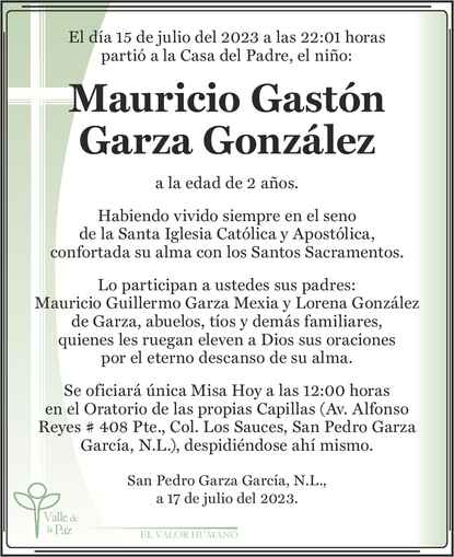 Niño Mauricio Gastón Garza González Obituario Esquela