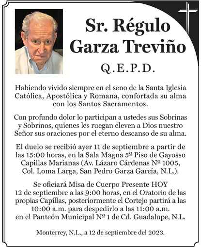 Sr Régulo Garza Treviño Obituario Esquela