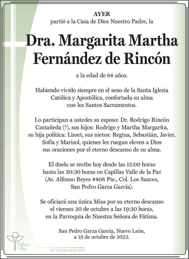 Dra Margarita Martha Fern Ndez De Rinc N Obituario Esquela