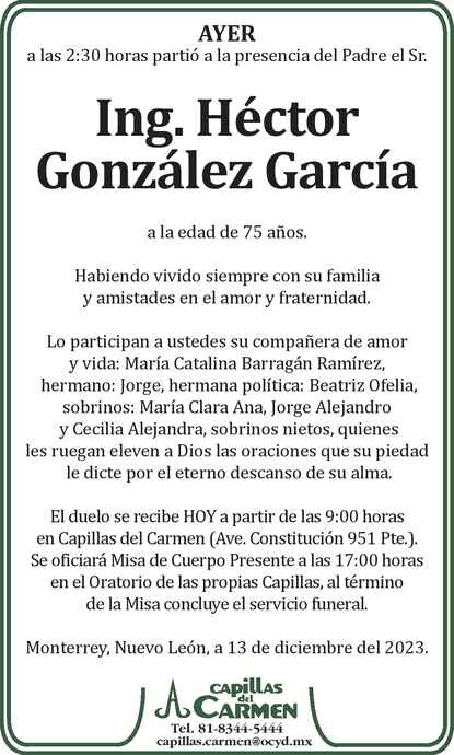 Ing Héctor González García Obituario Esquela