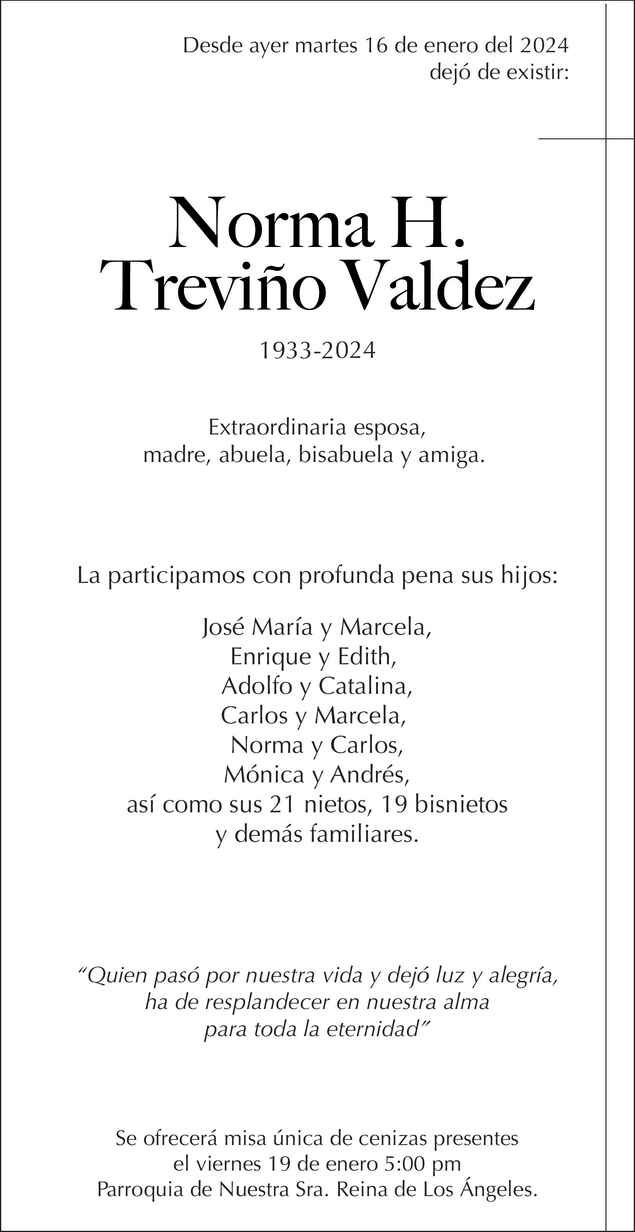 Se Ora Norma Hilda Trevi O Valdez De Garza Ponce Obituario Esquela