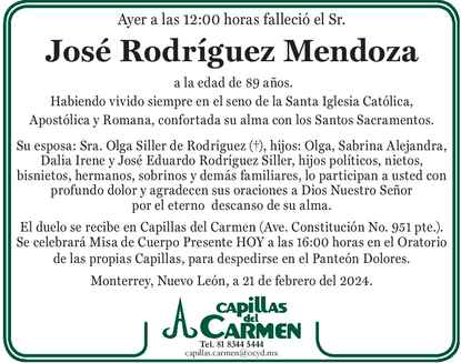 Se Or Jos Rodr Guez Mendoza Obituario Esquela