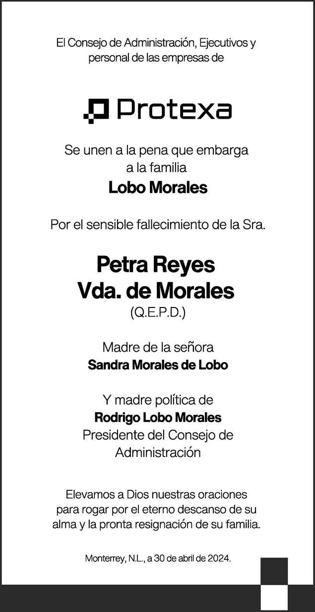 Señora Petra Reyes Vda de Morales Obituario Esquela