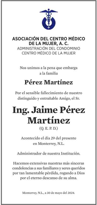 Ing Jaime Pérez Martínez Obituario Esquela