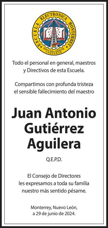 Mtro Juan Antonio Gutiérrez Aguilera Obituario Esquela