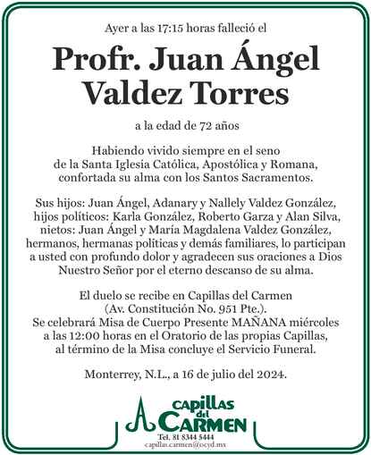 Profr Juan Ngel Valdez Torres Obituario Esquela