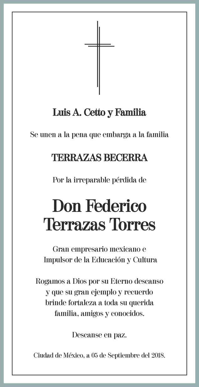 Don Federico Terrazas Torres Obituario Esquela