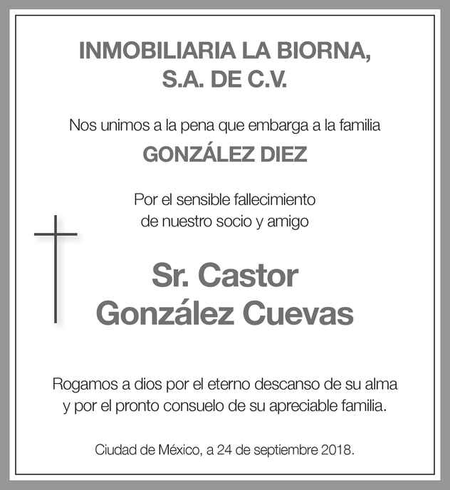 Señor Castor González Cuevas Obituario Esquela