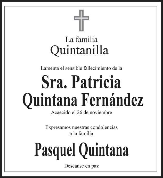 Señora Margarita Patricia Quintana Fernández Obituario Esquela