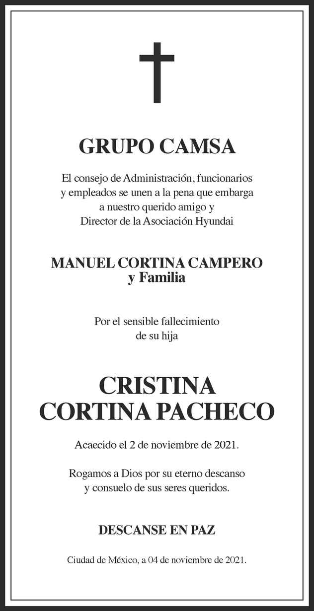 Señora Cristina Cortina Pacheco Obituario Esquela