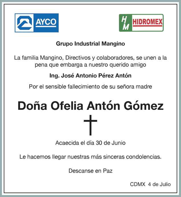 Señora Ofelia Antón Gómez Obituario Esquela