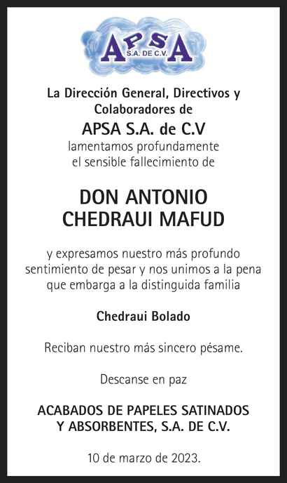 Don Antonio Chedraui Mafud Obituario Esquela