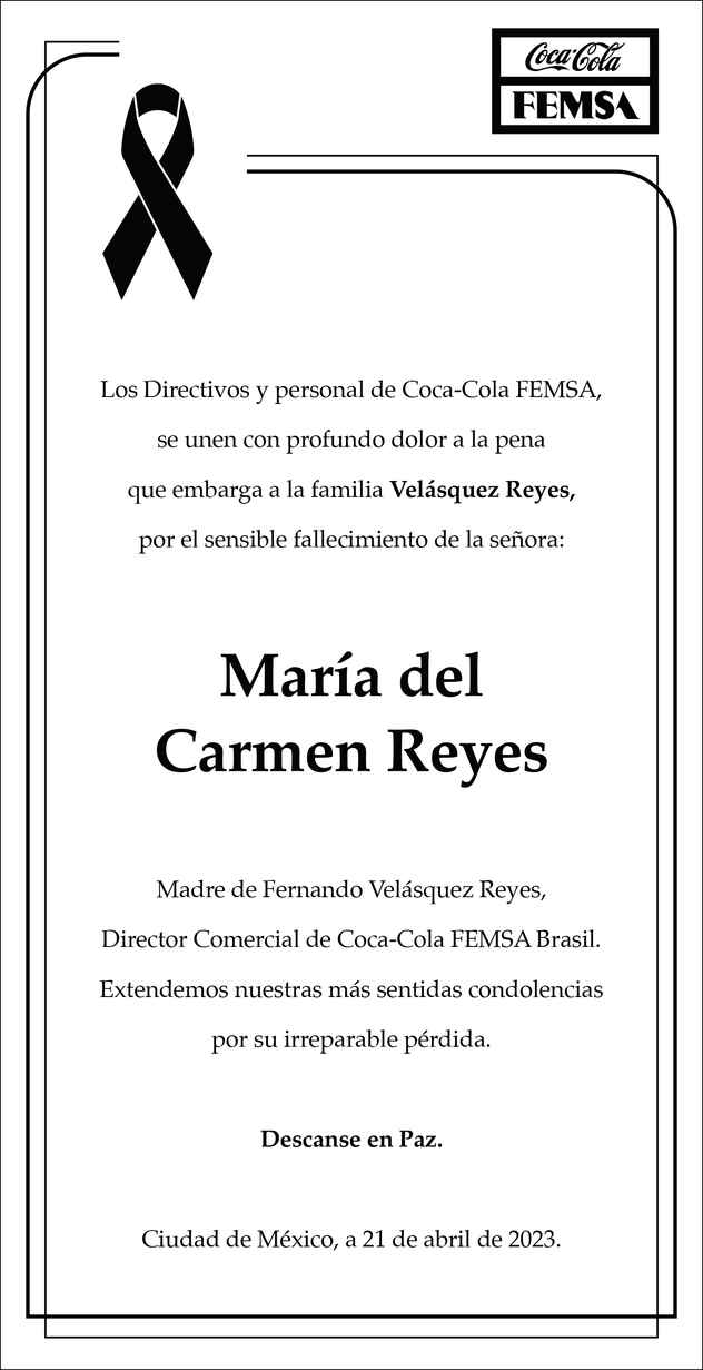 Señora María del Carmen Reyes Obituario Esquela