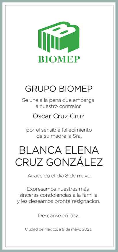 Señora Blanca Elena Cruz González Obituario Esquela