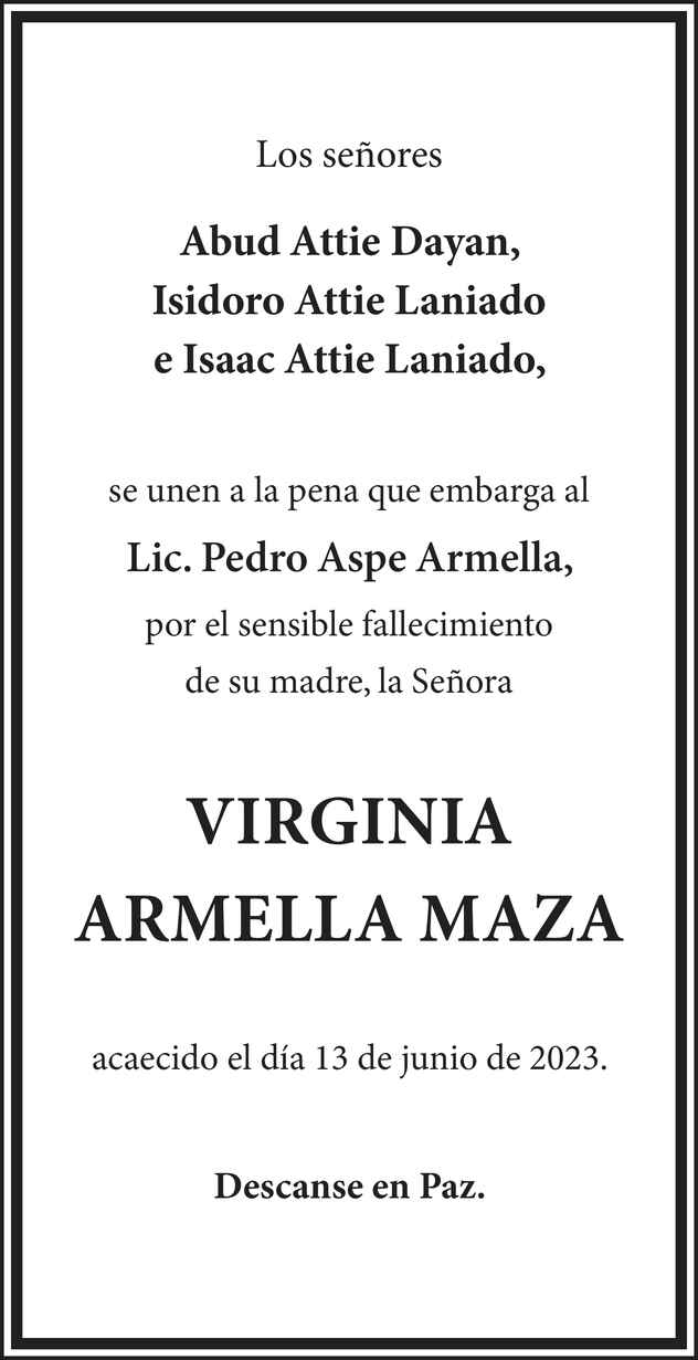 Señora Virginia Armella Maza Obituario Esquela