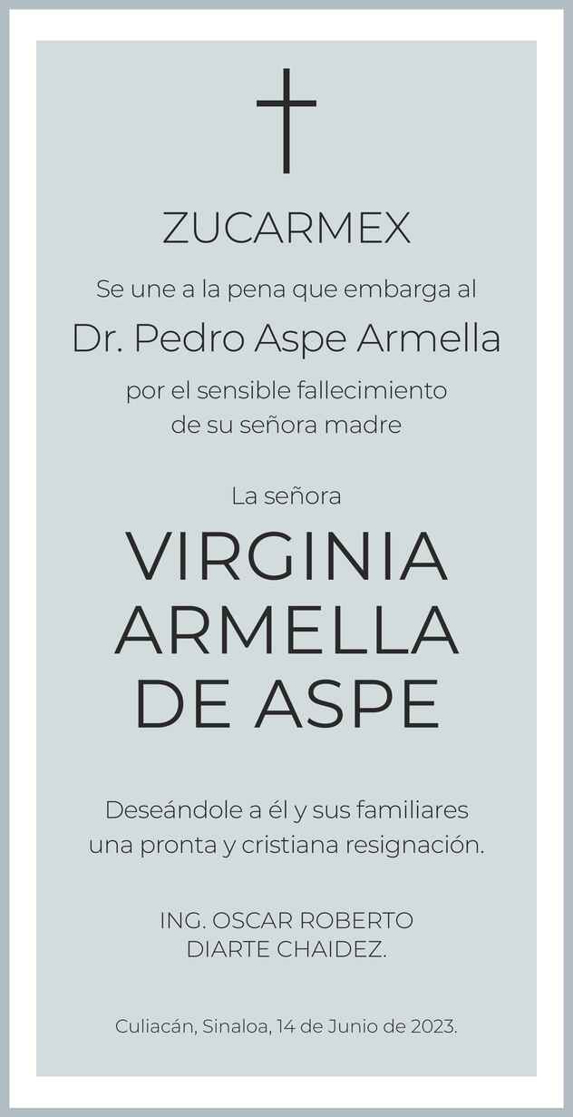 Señora Virginia Armella Maza Obituario Esquela