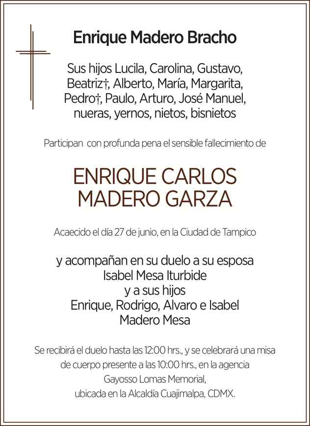 Don Enrique Carlos Madero Garza Obituario Esquela